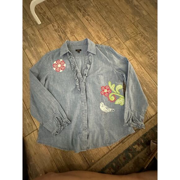 Talbots Blue Floral Embroidered handmade Button Down Chambray Shirt Size 14 - Picture 8 of 9